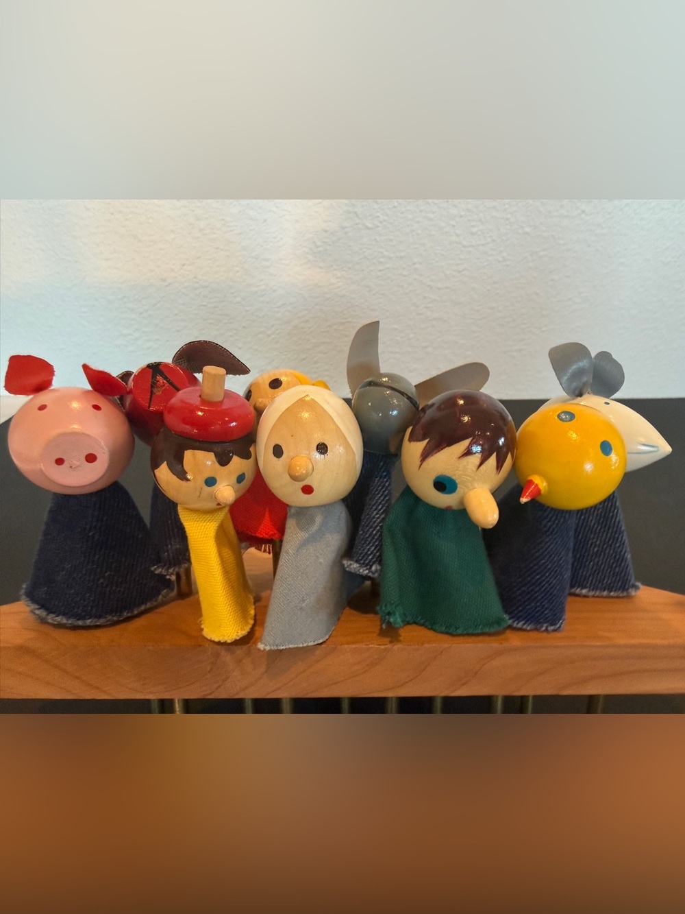 Vintage Creative Playthings Finger Puppets Set of 9 Wood Cloth Box